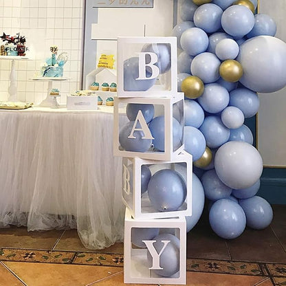 Baby Shower Boxes Party Decorations – 4 pcs Transparent Balloons Boxes Décor with Letters Baby Blocks Design for Baby Shower Gender Reveal Backdrop
