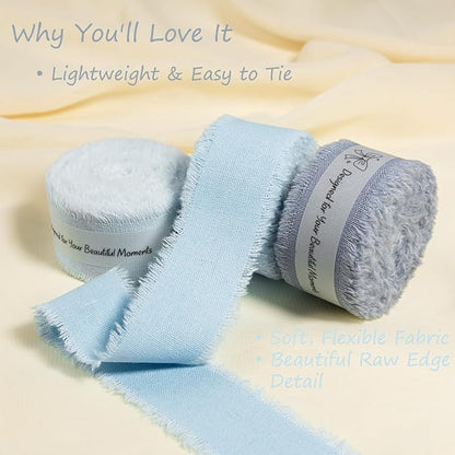 Blue Cotton Ribbon 1 Inch Dusty Blue, Baby Blue & Ice Blue 3 Rolls 21 Yards Frayed Edge Fabric Set for Baby Shower, Nursery Decor, Wedding Invitations, Gift Wrapping & DIY Crafts