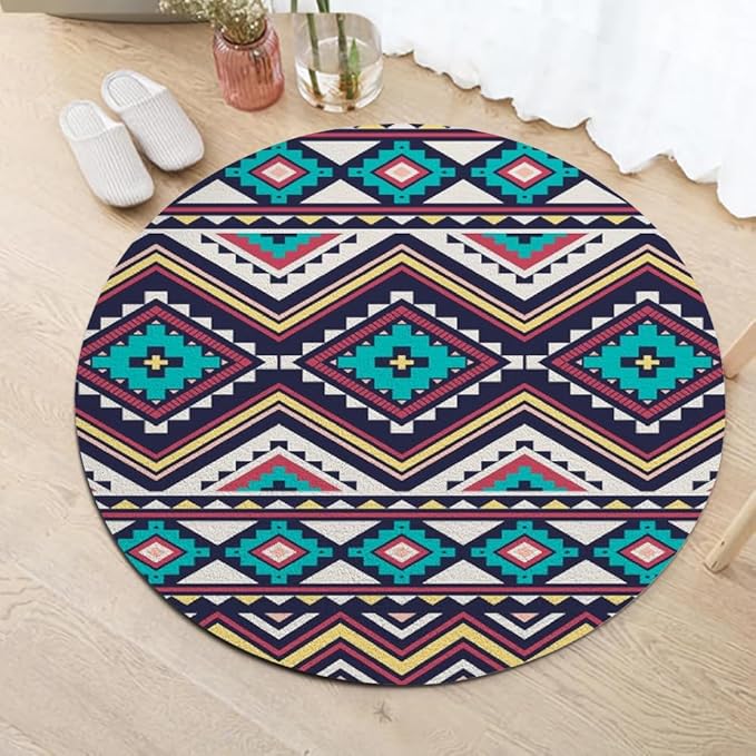 Native Tribal Geometry Round Rug Vintage Blue White Living Room Bedroom Area Rug Non Slip Soft Low Pile Washable Indoor Floor Carpet for Dining Room Kitchen Office Entryway 7ft