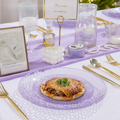 Rubtlamp 60PCS Purple Plastic Plates, Purple Disposable Party Plates, Heavy Duty Plastic With Hammered, Fancy Disposable Platos Include 30 Dinner Plate, 30 Cake Plate For Parties Wedding