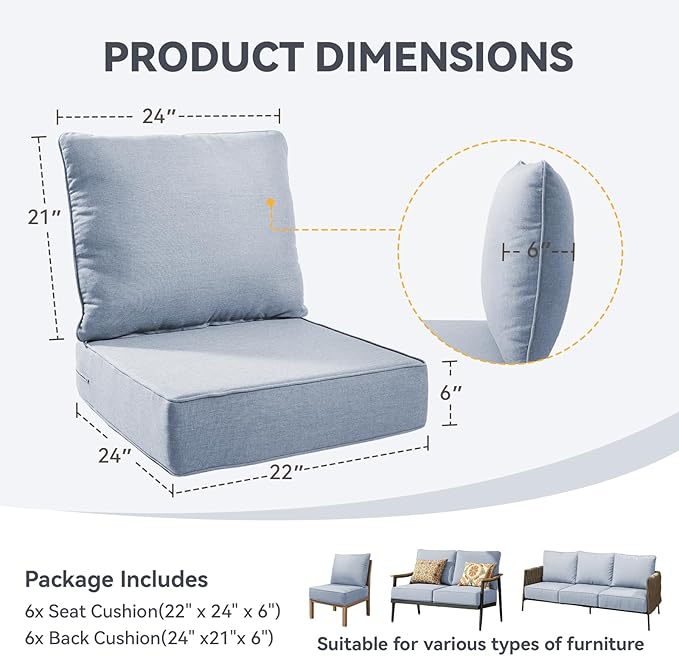 Outdoor Cushion Set for Furniture Patio Furniture, UV Resistant, Water Resistant - 6 Inch Thick Foam Garden Cushions– 22x24 Inch Patio Seat Covers for Chair/Sofa/Couch | Baby Blue | 6-Pack |