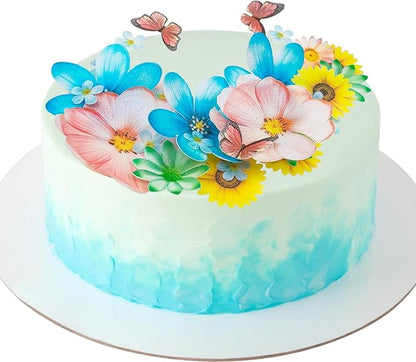 Morofme 55pcs Edible Flower Butterflies Cake Topper Wafer Paper Flower Cupcake Toppers Hawaiian Flower Cake Decorations Mixed Size for Tropical Luau Themed Birthday Baby Shower Party Supplies