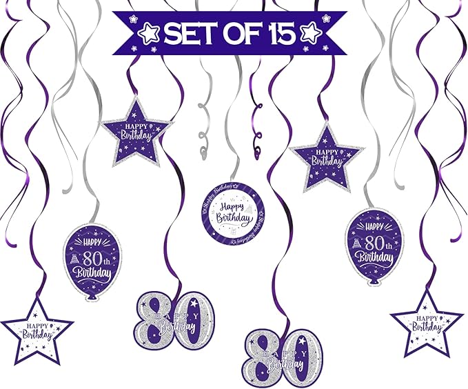 Happy 80th Birthday Purple & Silver Glitter Swirls Streamers Party Decorations - 15 Pcs 80th Birthday Hanging Swirls Streamers Kit,Cheers to Eighty Years Old Bday Party Sign.