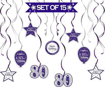 Happy 80th Birthday Purple & Silver Glitter Swirls Streamers Party Decorations - 15 Pcs 80th Birthday Hanging Swirls Streamers Kit,Cheers to Eighty Years Old Bday Party Sign.