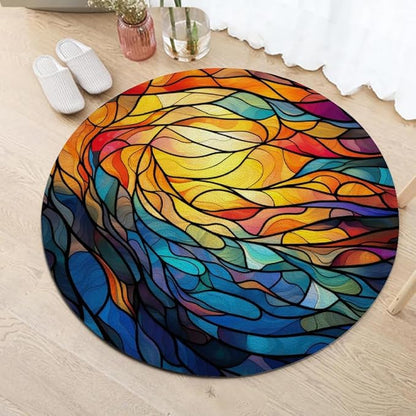 Abstract Colorful Pattern Round Rug Vintage Church Glass Area Rug Washable Soft Non-Slip Floor Carpet Low Pile Accent Rugs for Entryway Living Room Dining Room Bedroom Home Office 7ft