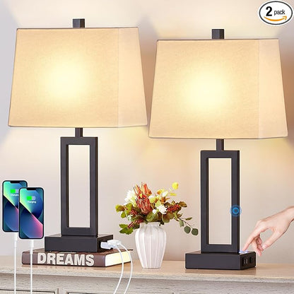 23.5" Touch Control Table Lamps Set of 2, Bedside Lamp with 2 USB Ports & AC Outlet, 3-Way Dimmable Nightstand Lamp with White Linen Shade for Living Room Bedroom End Table Office(2 LED Bulb Included)