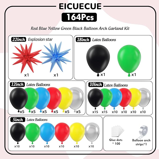 Red Blue Yellow Green Black Balloons Garland Arch Kit - 5 10 12 18 inch Different Size Balloons for Carnival Birthday Anniversary Video Game Super Spider Hero Theme Party Decorations Supplies