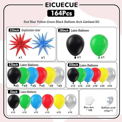 Red Blue Yellow Green Black Balloons Garland Arch Kit - 5 10 12 18 inch Different Size Balloons for Carnival Birthday Anniversary Video Game Super Spider Hero Theme Party Decorations Supplies