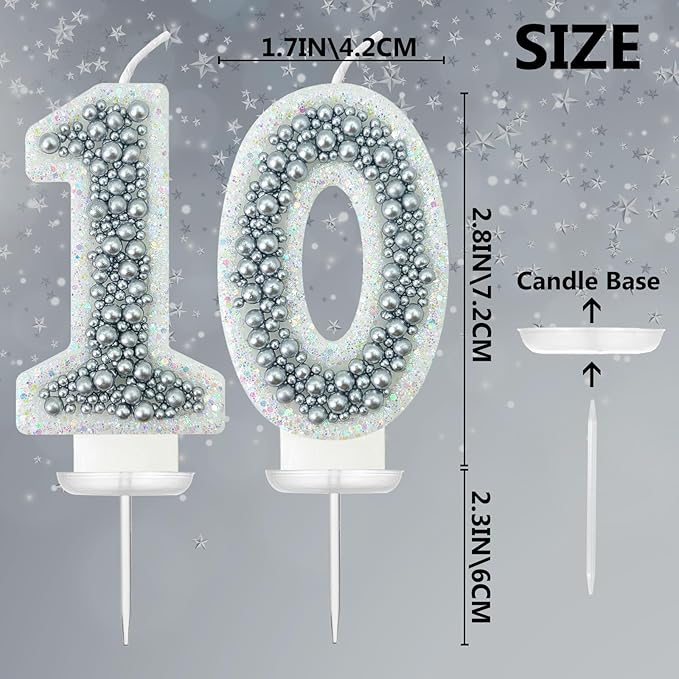 10 Birthday Number Candle for Cake, Glitter Number Candle with Silver Beads, Decorative Cake Topper for Milestone Celebrations