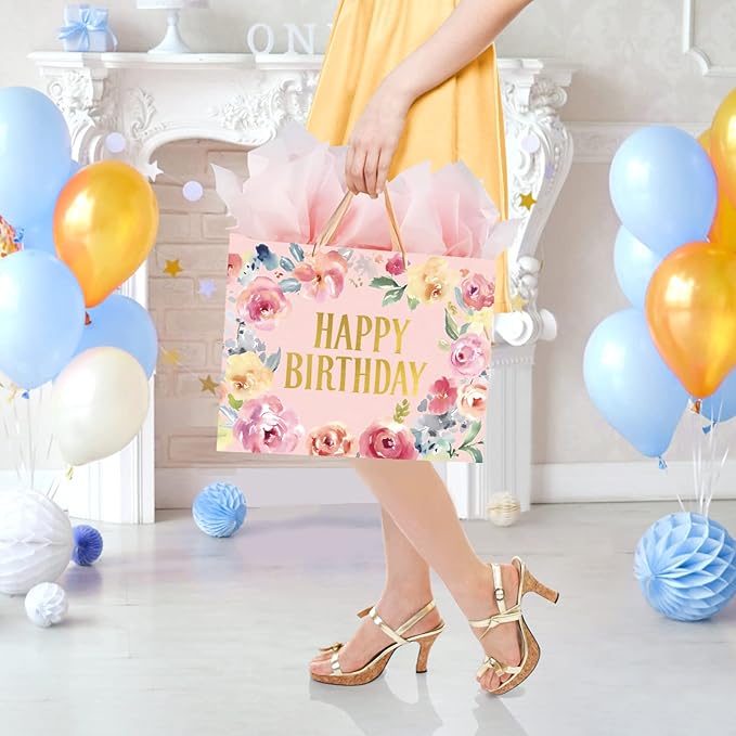13" Large Happy Birthday Gift Bag with Card and Tissue Papers, Handles Floral Design for Women Girls Birthday Party (13" Pink)