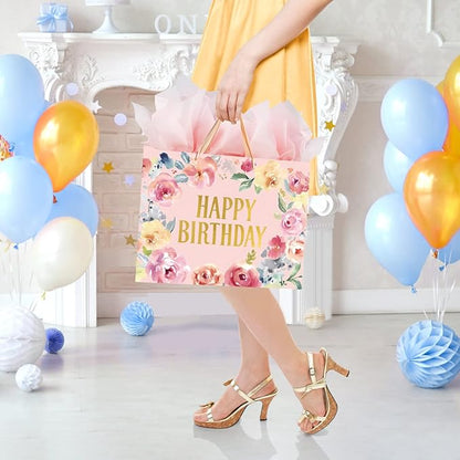 13" Large Happy Birthday Gift Bag with Card and Tissue Papers, Handles Floral Design for Women Girls Birthday Party (13" Pink)