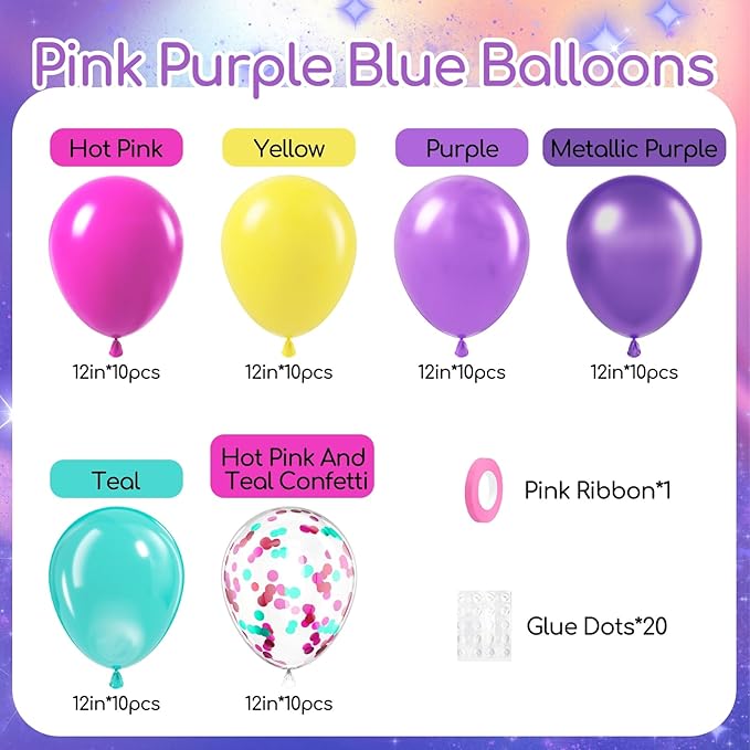 60pcs 12inch Pink Purple Blue Balloons, Hot Pink Yellow Metallic Purple Teal Confetti Balloons for Theme Engagement Baby Shower Birthday Party Decorations
