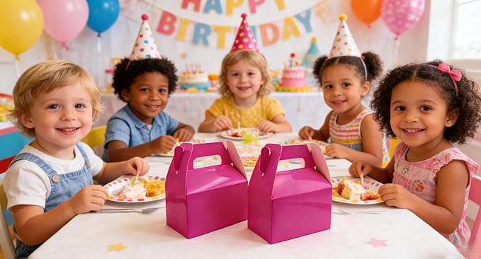 XAGLVV 24 Pack Hot Pink Paper Gable Boxes,6.2 Inch Candy Boxes with Handle, Snack Party Favor& Gift Cookie bags for kids Birthday,Wedding, Baby Shower, Graduation.