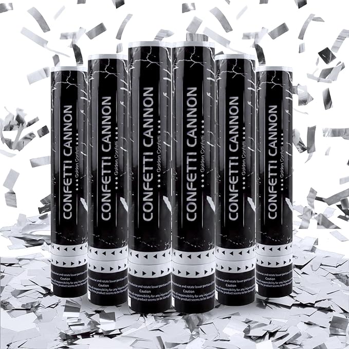 6 Pack Silver Confetti Poppers, 12 Inch Confetti Cannon Party Poppers Shooters for Birthday, Wedding, Graduation, Anniversary, Parties, Christmas, New Year's Eve
