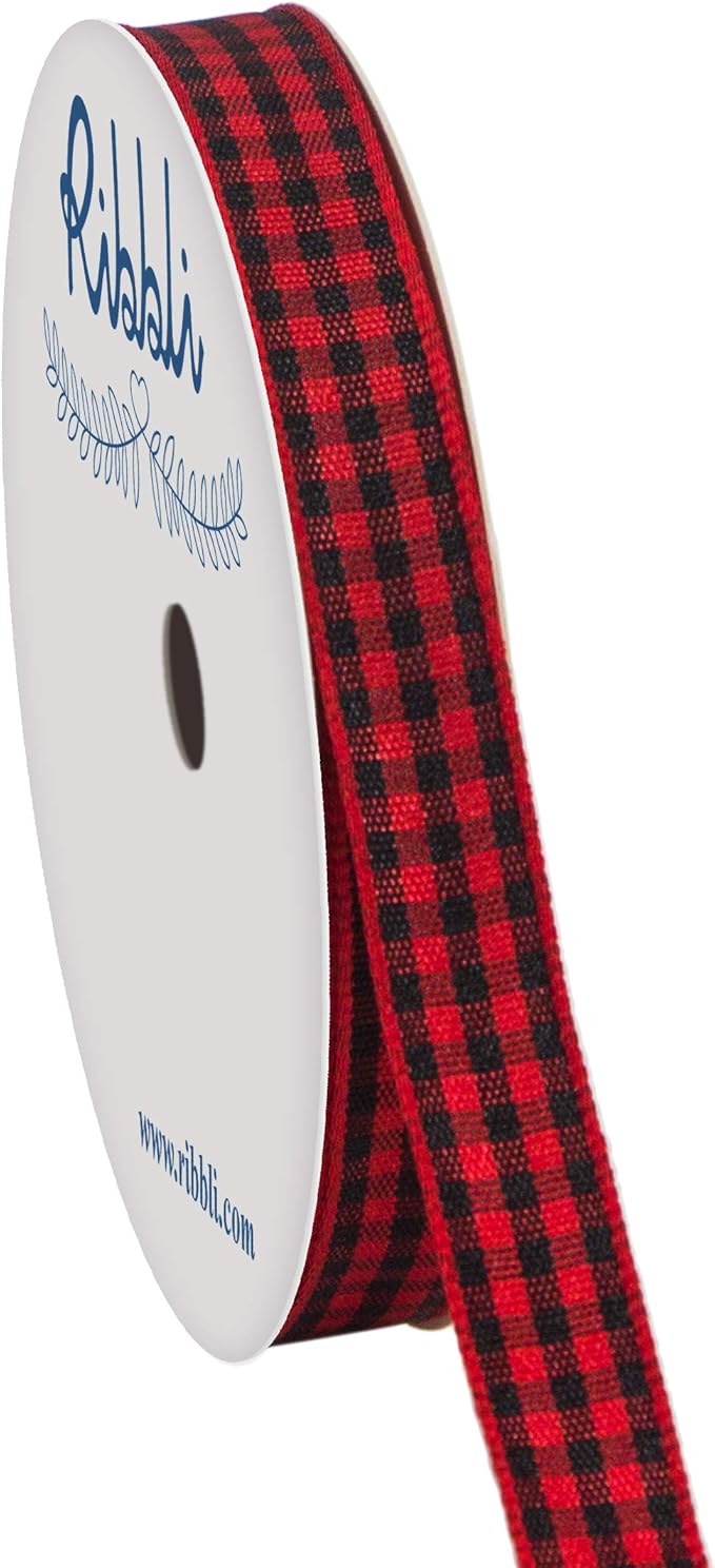 Ribbli Red and Black Gingham Ribbon,Polyester Woven Edge,3/8 Inch x 10 Yard,Plaid Ribbon,Use for Gift Wrapping,Party Decoration