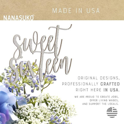 16th Birthday Cake Topper - Sweet Sixteen - Double Sided Silver Glitter - Premium Quality Made in USA
