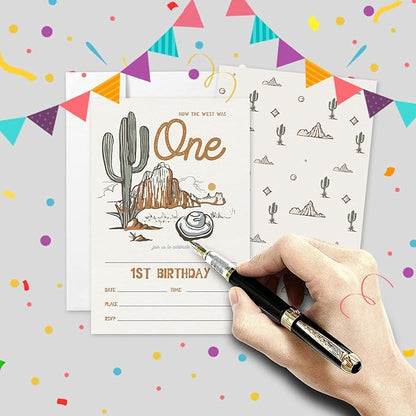 AEHIE 20 Sets Western 1st Birthday Party Invitations With Envelopes,How The West Was One Double-sided Printed Birthday Party Invitation Invite Cards for Baby Girls Boys,1st Rodeo Birthday Invites