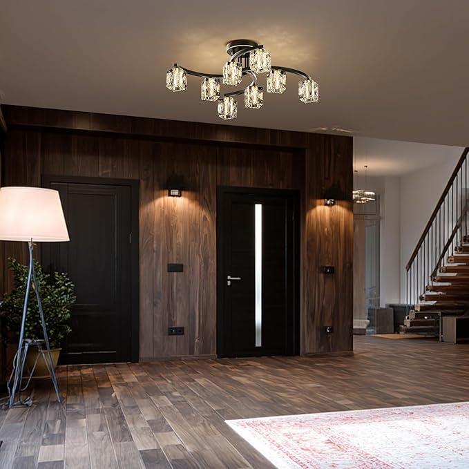Black Modern Sputnik Chandelier Ceiling Light Fixtures,8-Lights Farmhouse Crystal Semi Flush Mount Ceiling Light for Bedroom Dining Room Living Room Kitchen Hallway