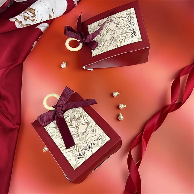 20PCS Mini Gift Bags, Bird & Flower Goodie Bags with Ribbon Handle for Party Favors Treat Boxes Wedding Bridal Baby Shower Birthday Party Presents 3.9"x2.6"x1.4"(Wine Red)