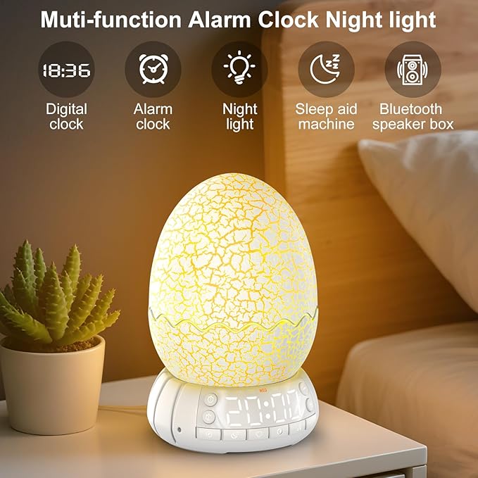 Dinosaur Egg Kids Clock/Decorative Lamp/Night Light/Bluetooth Speaker/White Noise Lullaby Machine 4 in1, 11 Colors Touch, Creative Gifts for Boys/Girls/Adult