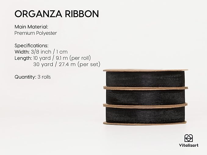 Vitalizart 3/8" x 30Yd Organza Ribbon Black Sheer Ribbons Set 10 Yd x 3 Rolls Handmade Eco-Friendly for Gift Wrapping Christmas Tree Crafts Bows Wedding Invitations Wreaths Wrap