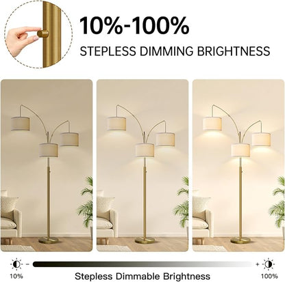 Dimmable Floor Lamp, 3 Light Brass Arc Floor Lamp, Modern Tall Standing Tree Lamp with White Linen Shades & Heavy Base, 3000LM LED Bulbs, Bright Lighting for Living Room, Bedroom, Office & Reading