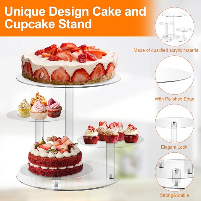 Frigatebird 4 Tier Acrylic Round Cake Stand for 8-12 Inch Cakes, Clear Multi-Layer Dessert Display Stand for Wedding, Birthday Parties
