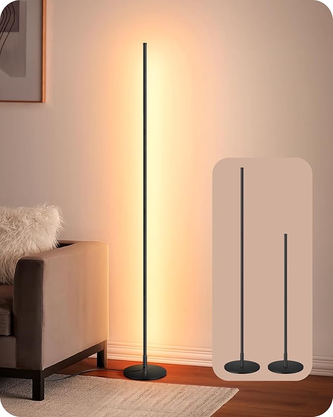 EDISHINE LED Corner Floor Lamp, 57.5" Minimalist Dimmable Sleek Light, Adjustable Height, Standing Tall Floor Lamps for Living Room, Bedroom, Office, 3000K Warm White Light, Black