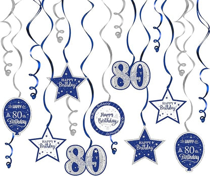Happy 80th Birthday Blue & Silver Glitter Swirls Streamers Party Decorations - 15 Pcs 80th Birthday Hanging Swirls Streamers Kit,Cheers to Eighty Years Old Bday Party Sign.
