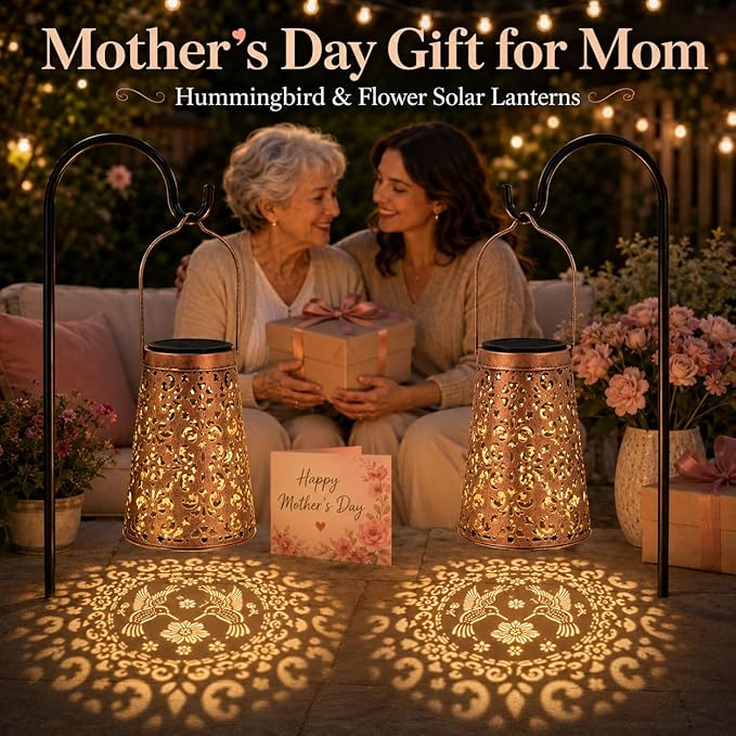 LeiDrail 2 Pack Hummingbird & Flower Solar Lanterns Outdoor, Hanging Waterproof Vintage Metal Lantern, Auto On/Off Garden Patio Yard Porch Pathway Decor, Gifts for Women Mom Grandma