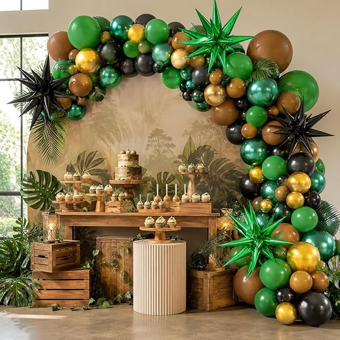Green and Brown Balloons, 12 Inch Jungle Safari Woodland Balloon with Brown Black Dark Green Confetti Balloons Metal Balloon for Video Game Theme Birthday Wild One Party Decorations