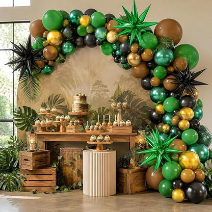 Green and Brown Balloons, 12 Inch Jungle Safari Woodland Balloon with Brown Black Dark Green Confetti Balloons Metal Balloon for Video Game Theme Birthday Wild One Party Decorations