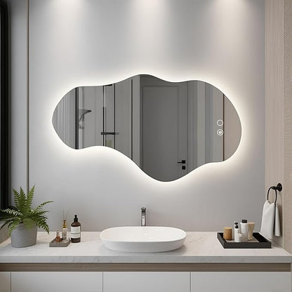 Modern Irregular LED Bathroom Mirror with Lights, Asymmetrical Frameless Smart Lighted Wall Mirror for Living Room Entryway, Large Decorative Makeup Vanity Mirror with Touch Switch(29.2″x51.2″)