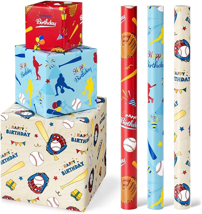 WERNNSAI Baseball Gift Wrapping Paper - 3 Rolls 17 in x 10 ft Boy Birthday Wrapping Paper Sports Wrapping Paper Roll for Kids Birthday Milky Blue Red Gift Wrapping Papers with Cut Lines