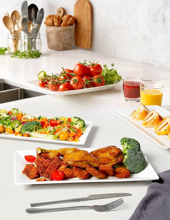 AISBUGUR 13" Serving Platters and Trays, White Serving Platters Set of 4, Large Platters for Serving Food Party, Daily and Entertaining, Ceramic Rectangular Plates for Steak, Taco, Snack, Appetizer