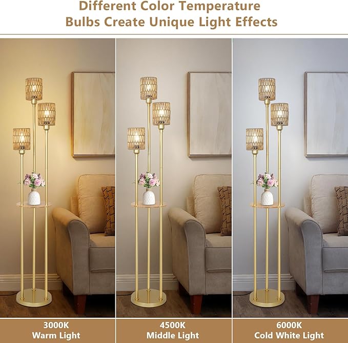 Boho Floor Lamp with Shelves, 3-Lights Farmhouse Tall Floor Lamp with ON/Off Foot Switch, Gold Modern Floor Lamps with Rattan Shades, Rustic Standing Lamp for Living Room, Bedroom, Office