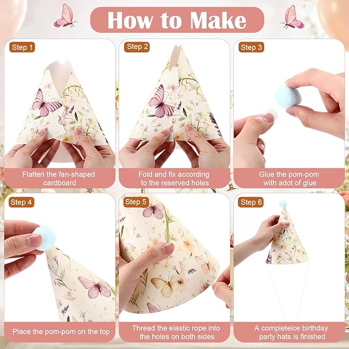 AmazingSpark 25 Pcs Fairy Garden Birthday Party Set Includes 24 Butterfly Cone Hats with Pompoms and 1 Happy Birthday Banner for Butterfly Parties Photo Props Garden Decorations