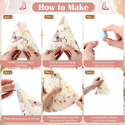 AmazingSpark 25 Pcs Fairy Garden Birthday Party Set Includes 24 Butterfly Cone Hats with Pompoms and 1 Happy Birthday Banner for Butterfly Parties Photo Props Garden Decorations