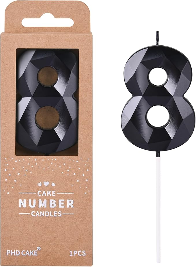 PHD CAKE 2.76 Inch Crystal Black 8 Number Birthday Candles, Red Number Candles, Cake Number Candles, Party Celebration