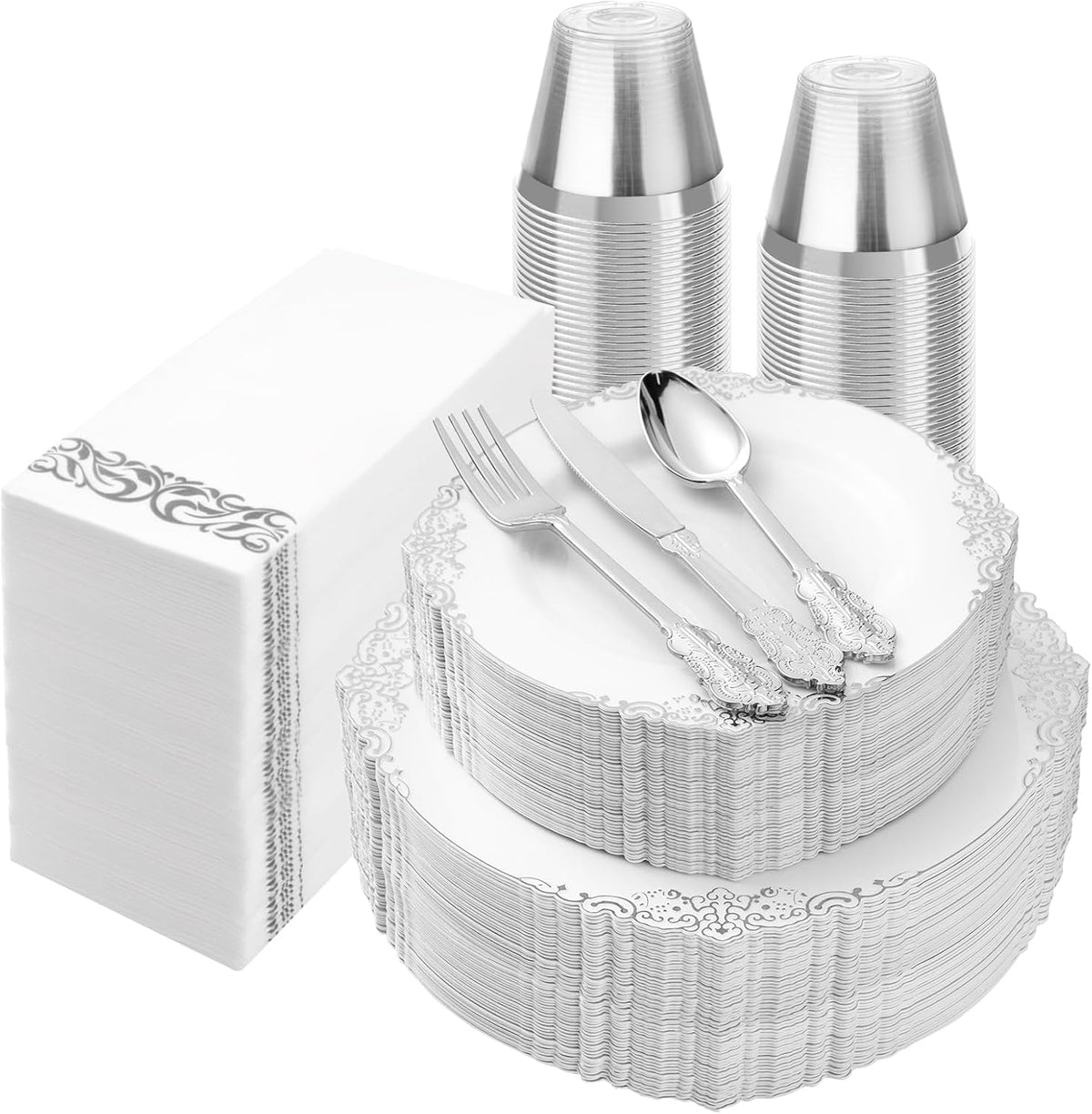 350PCS Silver Plastic Plates for 50 Guests, Disposable Dinnerware Set Includes 100 Disposable Plates, 150 Silver Silverware, 50 Cups, 50 Napkins for Party & Wedding