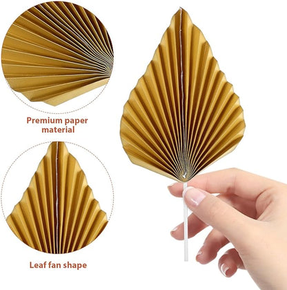 ABOOFAN Gold Folding Fan Cake Toppers 24Pcs Leaf Shaped Cupcake Inserts for Anniversary Birthday Wedding Party Decorations