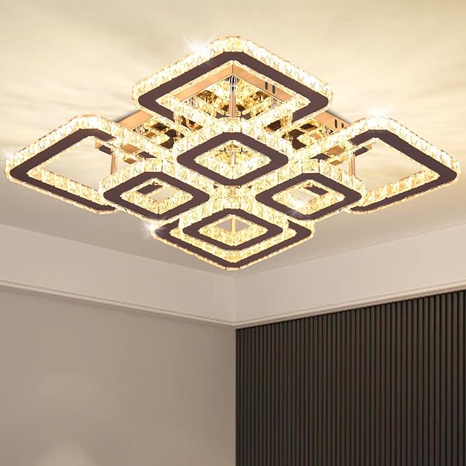 FRIXCHUR 20" Modern Ceiling Light Fixture 3000k Led Flush Mount Ceiling Light Square Crystal Chandelier for Dining Room Living Room Bedroom Hallway