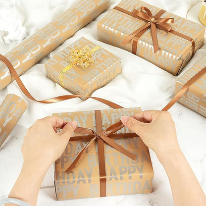 MAMUNU Birthday Wrapping Paper Roll, Silver and Brown Kraft Happy Birthday Wrapping Paper Jumbo Roll for Boys Girls Women Men, 17x590 inch (70 sq. ft.)