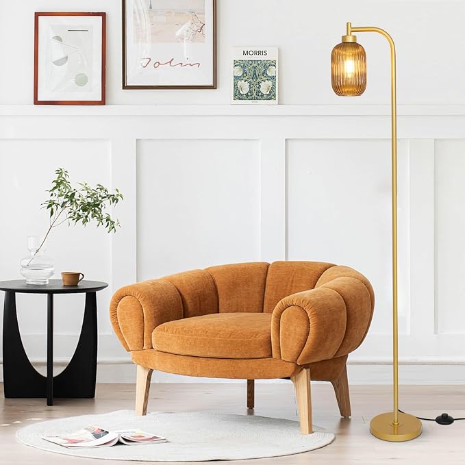 LAMSU Glass Floor Lamps for Living Room, Vintage Gold Standing Lamp with LED Bulb, Amber Stripe Glass Shade, Foot Switch, Mid Century Modern Brass Tall Corner Lamp for Bedroom Office Reading Room