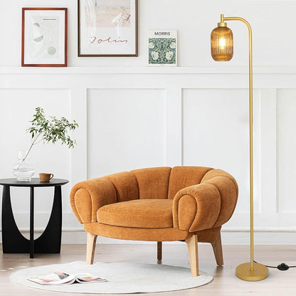 LAMSU Glass Floor Lamps for Living Room, Vintage Gold Standing Lamp with LED Bulb, Amber Stripe Glass Shade, Foot Switch, Mid Century Modern Brass Tall Corner Lamp for Bedroom Office Reading Room