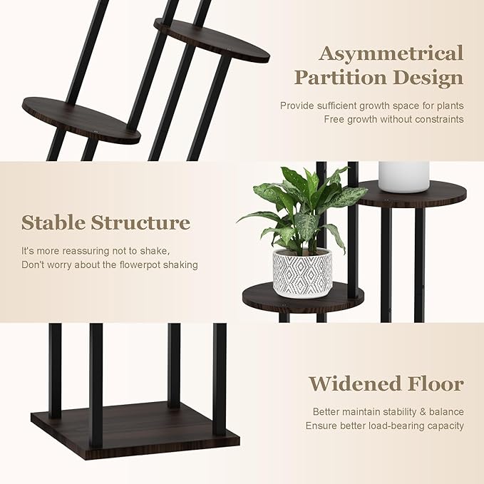 4 Tier Plant Stand Indoor, Metal Wooden Tall Plant Shelf Flower Pot Stand for Multiple Plants, Corner Flower Holder Plant Display Rack for Living Room Balcony Patio Garden (Black)