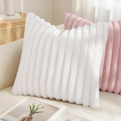 decorUhome Summer Cozy Faux Fur Throw Pillow Covers 16x16 Set of 2 Decorative Soft Plush Striped Modern Farmhouse Boho Couch Pillow Cases with Velvet Back for Sofa Bed Living Room, White