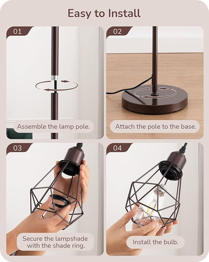 EDISHINE 70IN Industrial Floor Lamps for Living Room, Dimmable Farmhouse Corner Reading Lamp, Diamond-Shaped Lampshade, 3 LED Edison Bulbs Included, Rustic Tree Standing Lamp for Bedroom, Brown