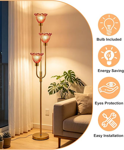 Lightdot 3-Lights Glass Floor Lamp 66IN Modern Gold Dimmable Floor Lamps with 3000K Warm White Bulbs for Wedding Party Tall Standing Lamp with Deep Red Glass Shade for Living Room/Bedroom/Home Decor