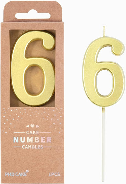 PHD CAKE 2.76 Inch Modern Gold 6 Number Birthday Candles, Gold Number Candles, Cake Number Candles, Party Celebration